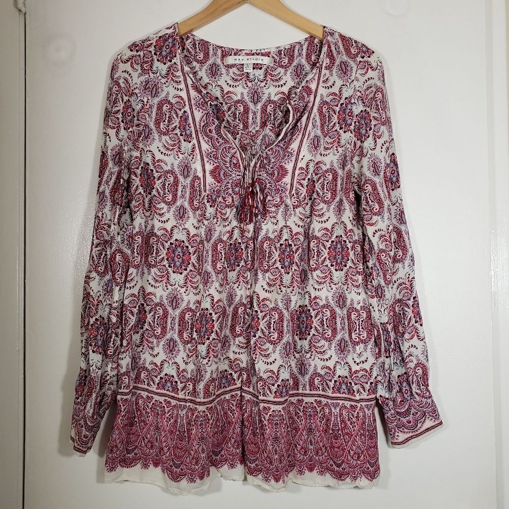 Max studio Boho Print V Neck Long Sleeve Blouse Size L